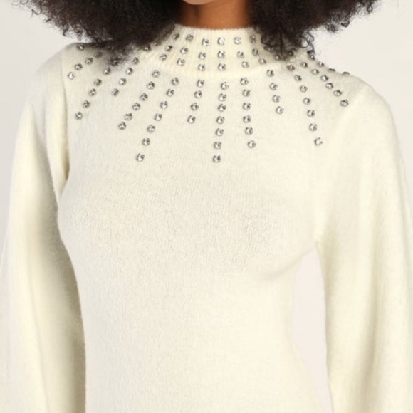 Lulus Darling Sparkle Ivory Rhinestone Mock Neck Mini Sweater Dress- Medium - Picture 2 of 4